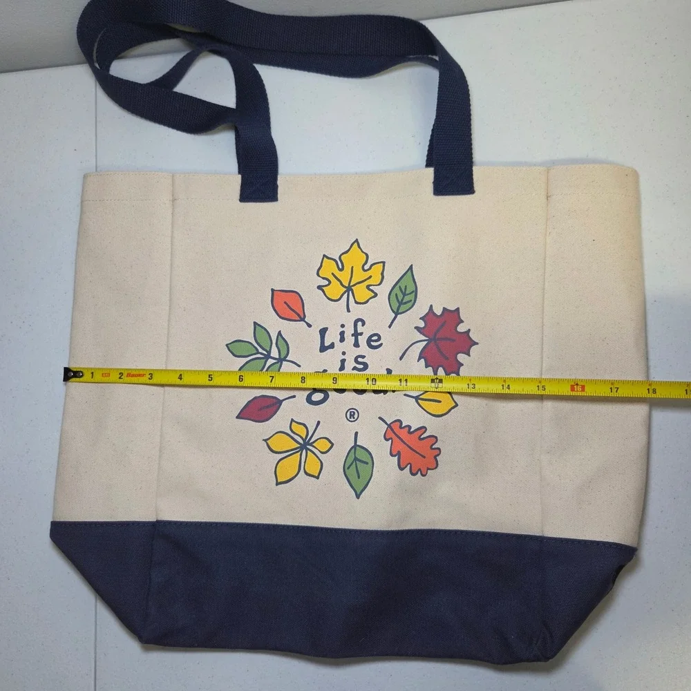 Life Is Good Canvas Tote Bag Cream Navy Blue Fall Leaves Graphic Large 15X18‎